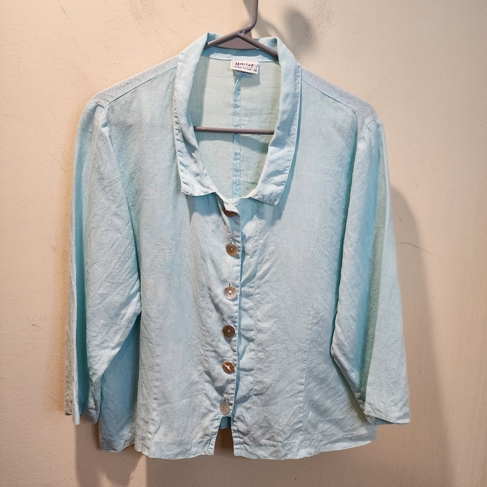 HABITAT Light Blue Button-Up 100% Linen Shirt Blouse Fit L